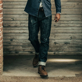 our fit model wearing The Democratic Jean in Green Cast Selvage