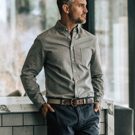 our fit model wearing The Jack in Washed Charcoal Dobby