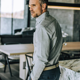 our fit model wearing The Jack in Washed Charcoal Dobby