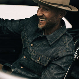 our fit model wearing The Long Haul Jacket in Green Cast Selvage