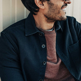 our fit model wearing The Mechanic Shirt in Black Reverse Sateen