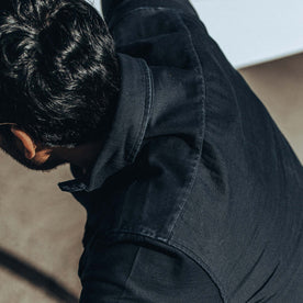 our fit model wearing The Mechanic Shirt in Black Reverse Sateen