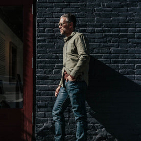 our fit model wearing The Mechanic Shirt in Olive Reverse Sateen
