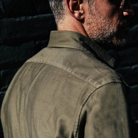 our fit model wearing The Mechanic Shirt in Olive Reverse Sateen