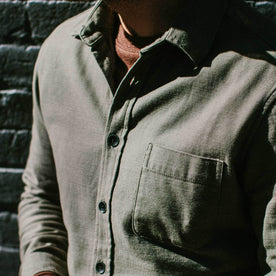 our fit model wearing The Mechanic Shirt in Olive Reverse Sateen