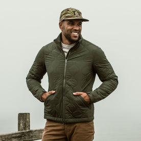 our fit model wearing The Vertical Jacket in Olive