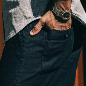 our fit model wearing The Trail Short in Navy Slub Sateen—cropped shot of back