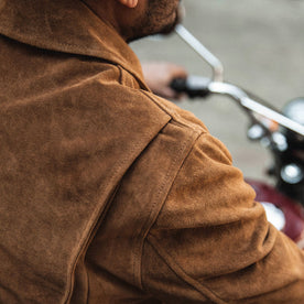 fit model wearing The Wyatt Jacket in Cognac Suede, shoulder detail