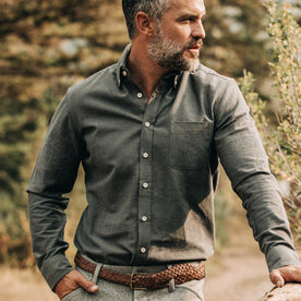 our fit model wearing The Jack in Charcoal Crepe—looking left
