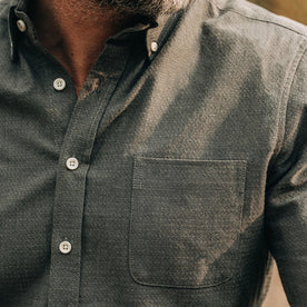 our fit model wearing The Jack in Charcoal Crepe—cropped shot of chest