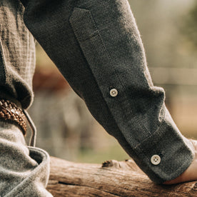our fit model wearing The Jack in Charcoal Crepe—cropped shot of sleeve