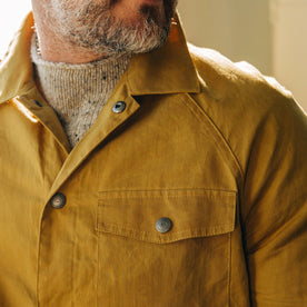 fit model wearing The Lombardi Jacket in Mustard Dry Wax, chest