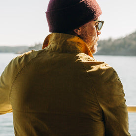 fit model wearing The Lombardi Jacket in Mustard Dry Wax, back