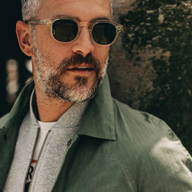 fit model wearing The Lombardi Jacket in Olive Dry Wax, close up 