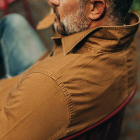 our fit model wearing The Ojai Jacket in Tobacco—cropped shot of shoulder