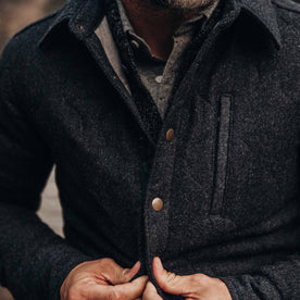 out fit model wearing The Wilton Jacket in Navy Birdseye Wool—cropped shot of chest