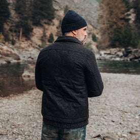 out fit model wearing The Wilton Jacket in Navy Birdseye Wool—back shot