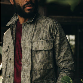 fit model wearing The BDU Shirt Jacket in Rain Drop Camo, chest detail