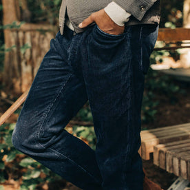 The Camp Pant in Indigo Corduroy—walking left of screen