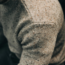 our fit model wearing The Seafarer Sweater in Natural Donegal—cropped shot of shoulder