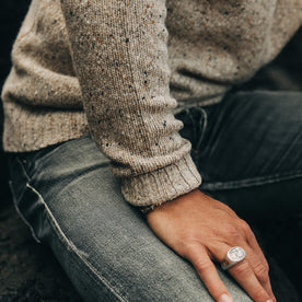 our fit model wearing The Seafarer Sweater in Natural Donegal—cropped shot of sleeve