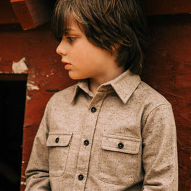 our fit model wearing The Little Yosemite Shirt in Oat Donegal—looking left
