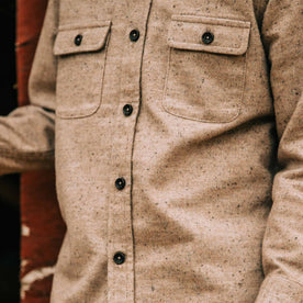 our fit model wearing The Little Yosemite Shirt in Oat Donegal—cropped shot of shirt