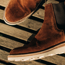 material shot of The Ranch Boot in Weatherproof Snuff Suede—on deck