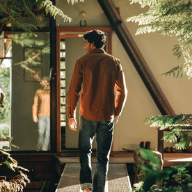 our fit model wearing The Yosemite Shirt in Tobacco—back shot