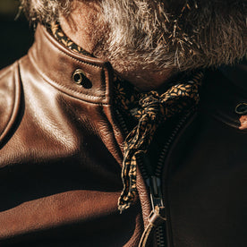 our fit model wearing The Band Collar Moto Jacket—shot of collar