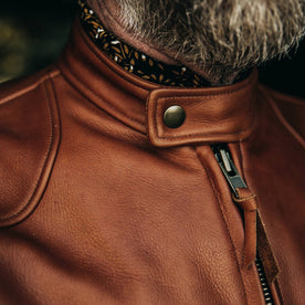 our fit model wearing The Band Collar Moto Jacket—band collar shot