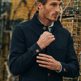 fit model wearing The Ojai Jacket in Indigo Diamond Plate, playing with cuff