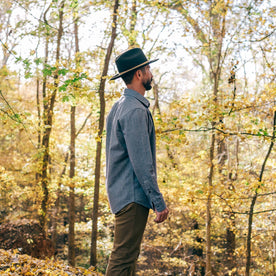 fit model wearing The Packable Lane Splitter in Espresso, looking right