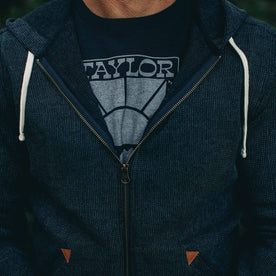 our fit model rocking The Après Hoodie in Indigo Waffle—cropped shot of chest